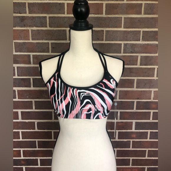 NWT DKNY Women's Printed Dizzy Strappy Sports Bra Size Medium New Pink Black - Picture 8 of 9